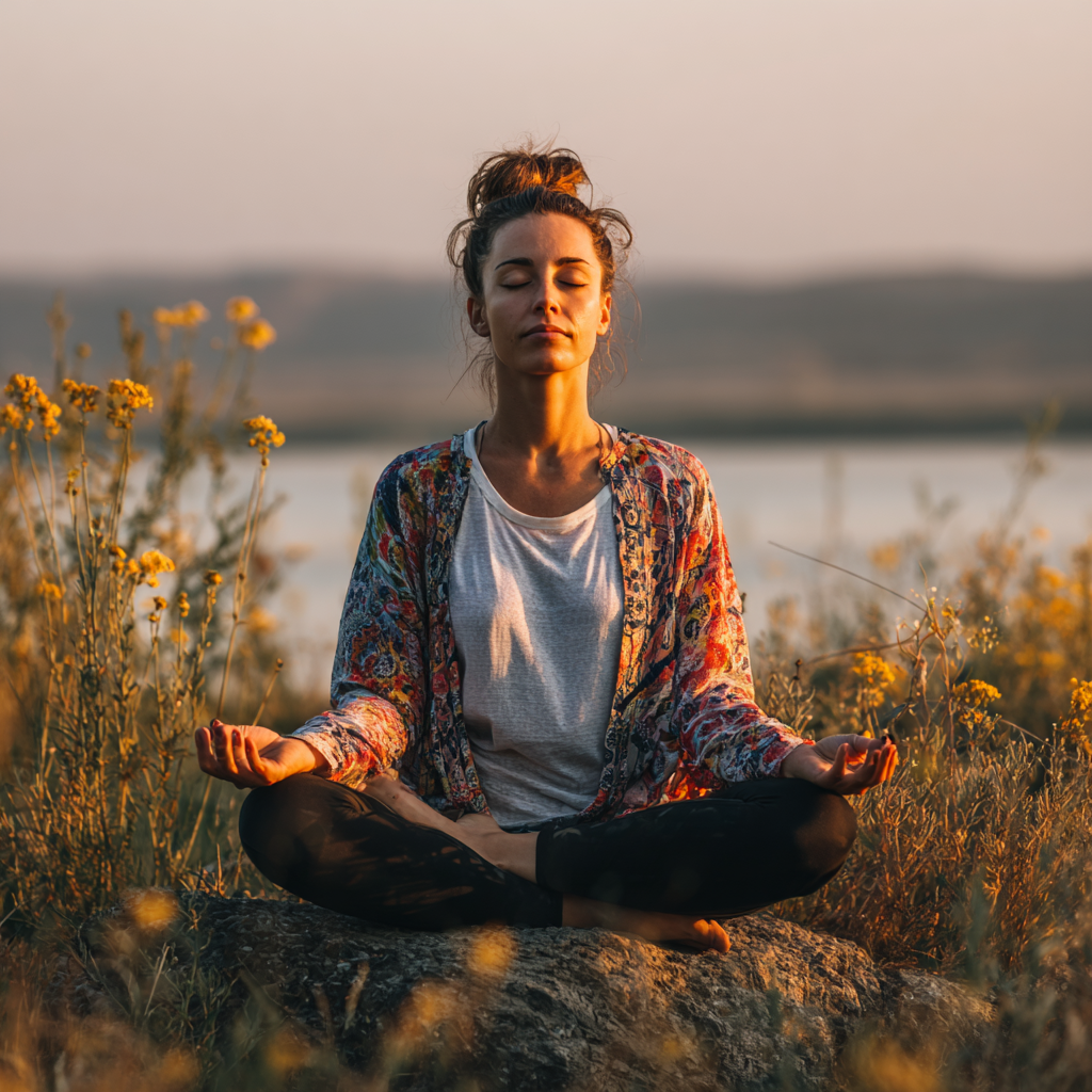 Smiling Romanian woman in her 30s practicing yoga poses in a serene natural setting, demonstrating proper posture and breathing techniques