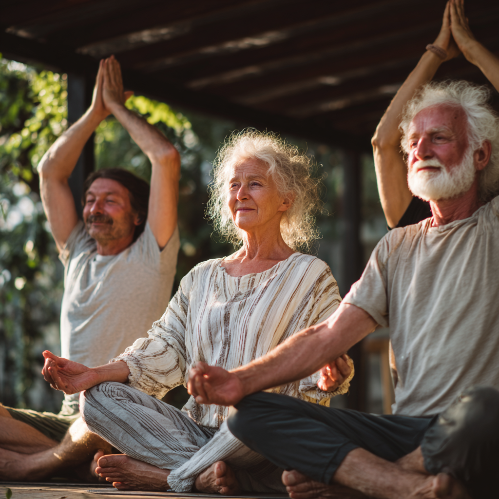 Group of smiling Romanian adults of various ages performing gentle yoga stretches and strengthening exercises in a bright, welcoming studio environment