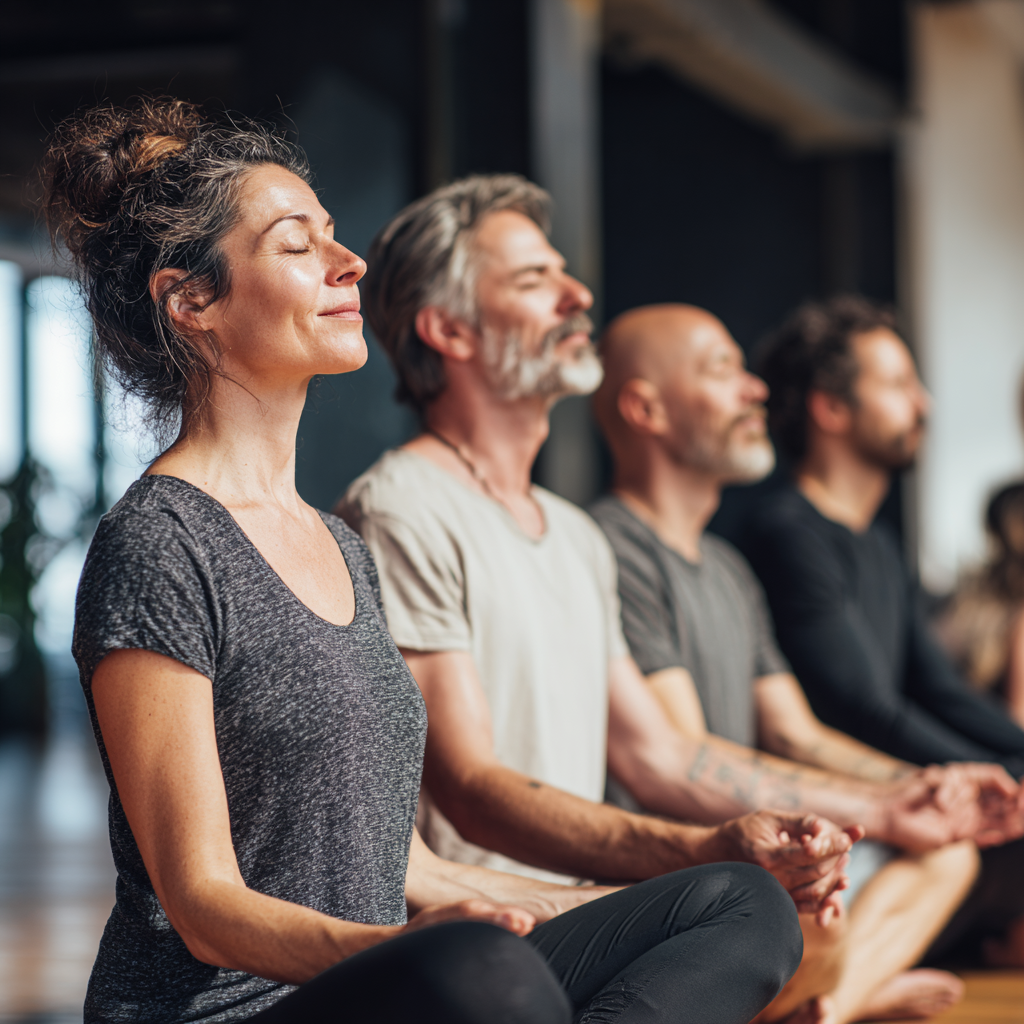 Happy Romanian seniors in their 60s and 70s practicing modified yoga poses in a peaceful outdoor setting, showing improved posture and peaceful expressions